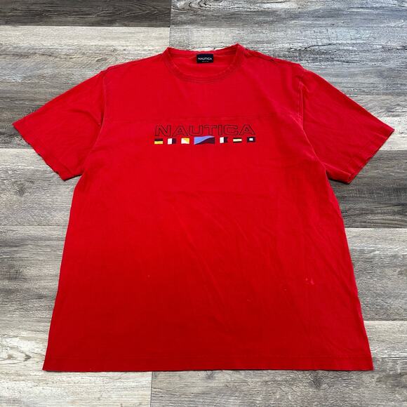 Vintage Nautica  T-Shirt Bright Red Mens L Brand Logo Spellout Flags Graphic 90s - Picture 2 of 10